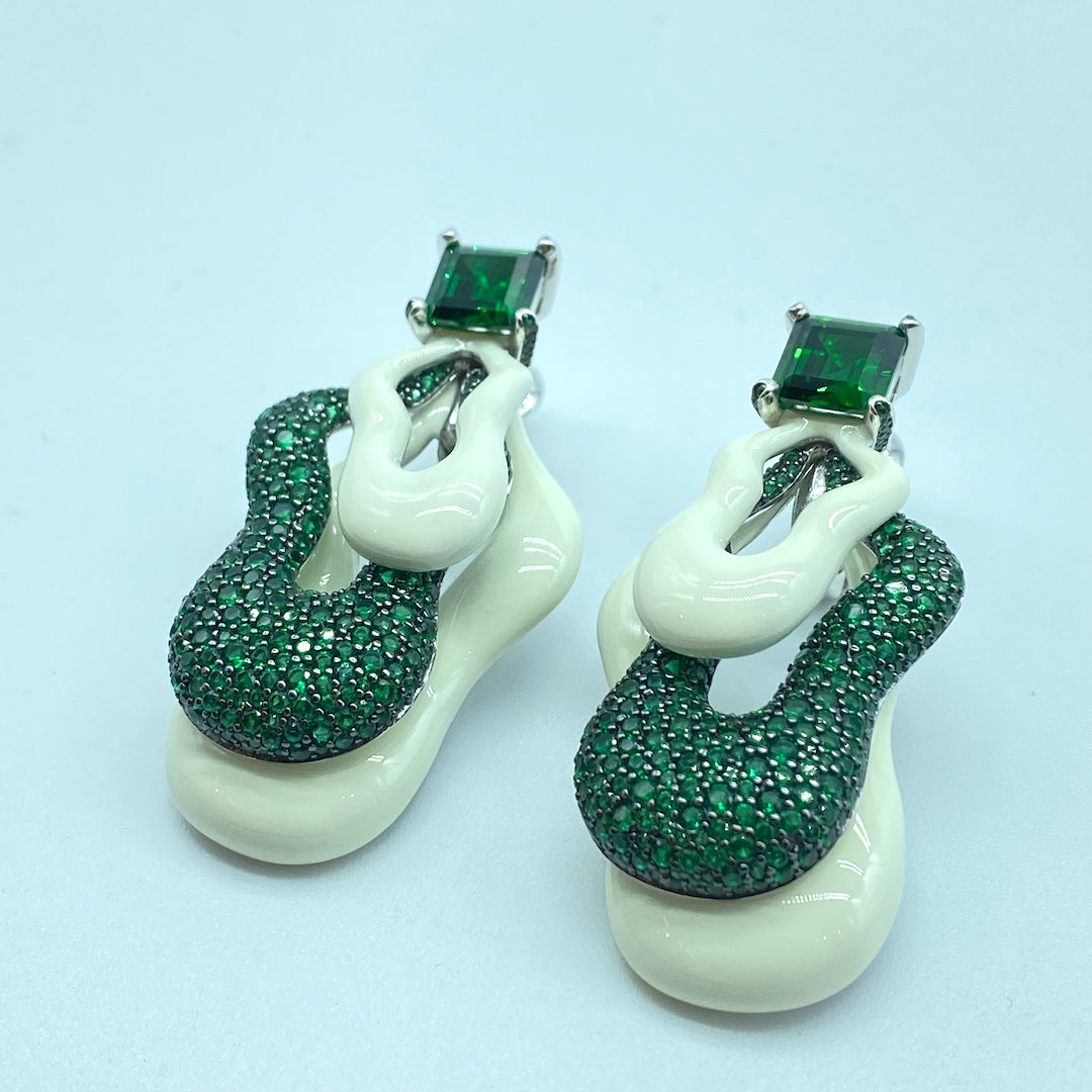 Triple Layer Green Onyx & White Onyx Earring Latch On - Sterling Silver Emerald Earring