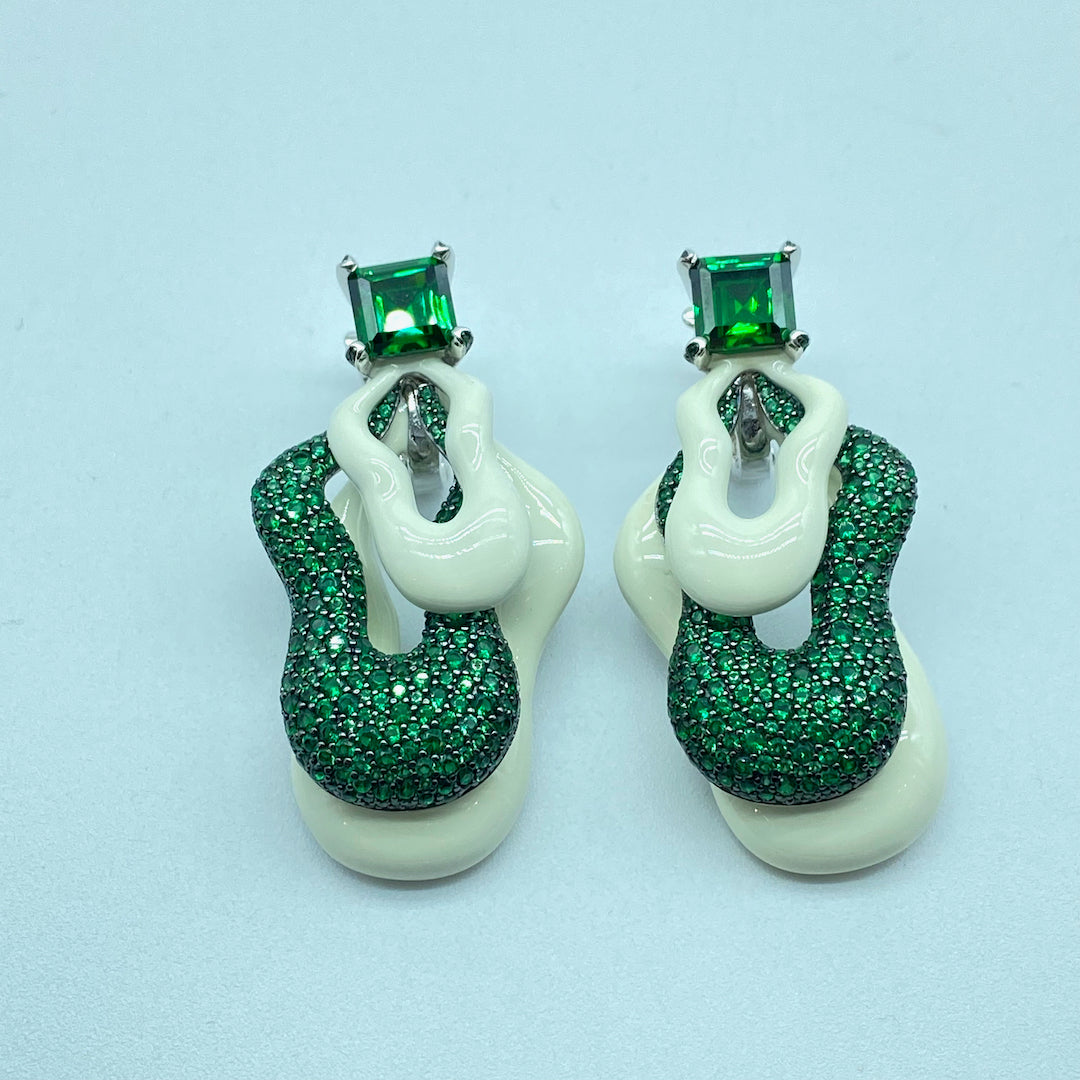 Triple Layer Green Onyx & White Onyx Earring Latch On - Sterling Silver Emerald Earring