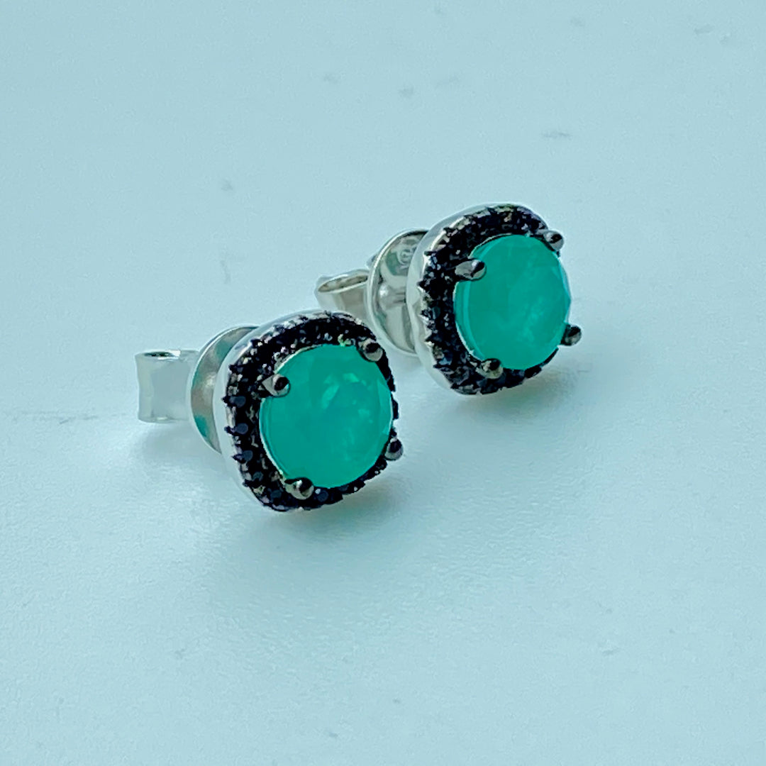 Small Push Pin Black Pave Square Emerald- Sterling Silver Emerald Earring