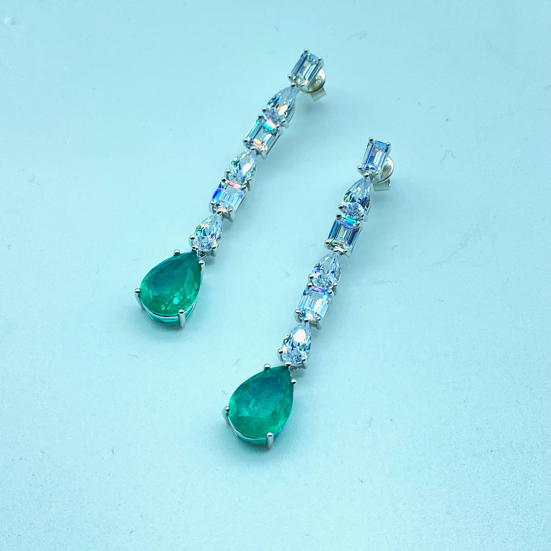 Dangle Push-Pin Crystal Tear Emerald - Sterling Silver Emerald Earring