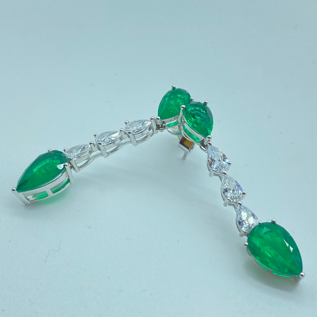Tear Emerald Direction Dangle Push-Pin Earring - Sterling Silver Emerald Earring