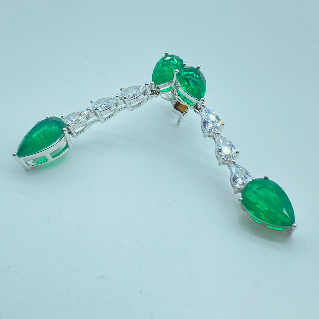 Tear Emerald Direction Dangle Push-Pin Earring - Sterling Silver Emerald Earring