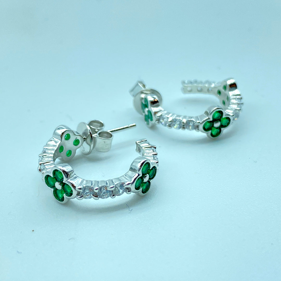 Small Hoop Clover Emerald Earring Push-Pin - Sterling Silver Emerald Earring