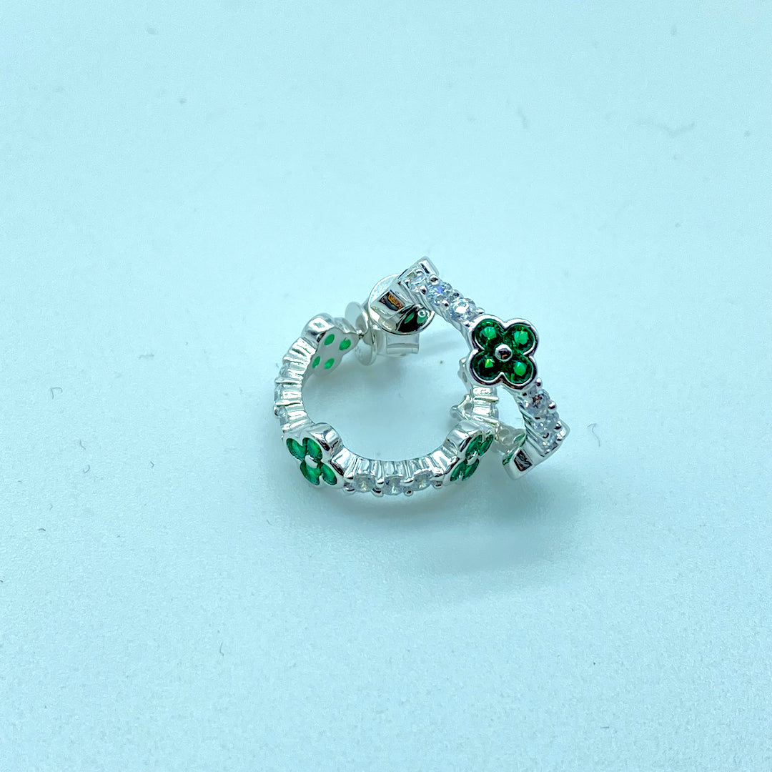 Small Hoop Clover Emerald Earring Push-Pin - Sterling Silver Emerald Earring