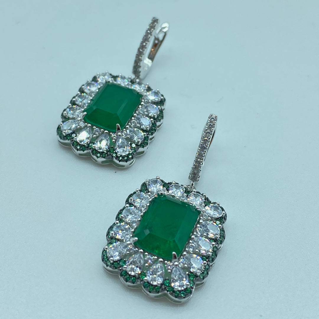Emerald Earring Rectangular Latch Back Sterling Silver