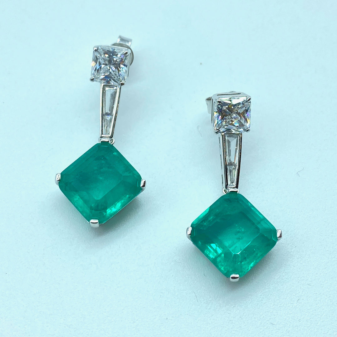 Square Lozange Crystal Dangle Emerald Push-Pin Earring- Sterling Silver Emerald Earring