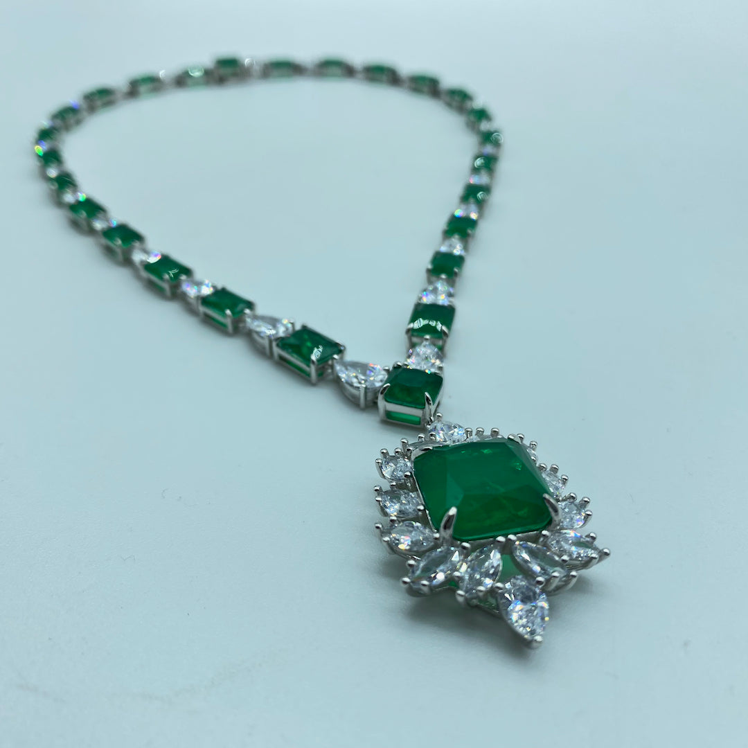 Emerald Medium Pave Necklace- Sterling Silver Synth Emerald