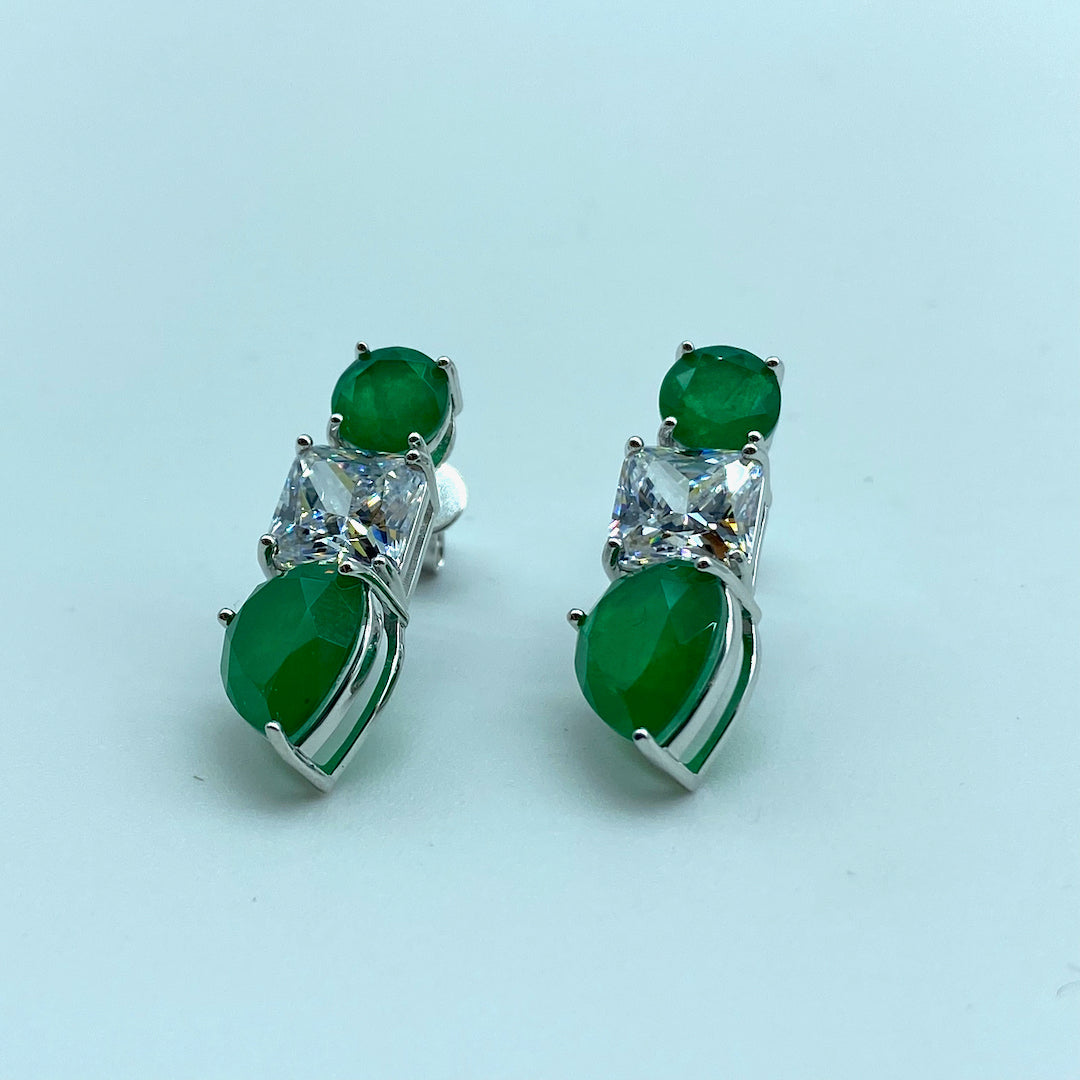 Circle Square Tear Emerald Simple Push-Pin Earring - Sterling Silver Emerald Earring