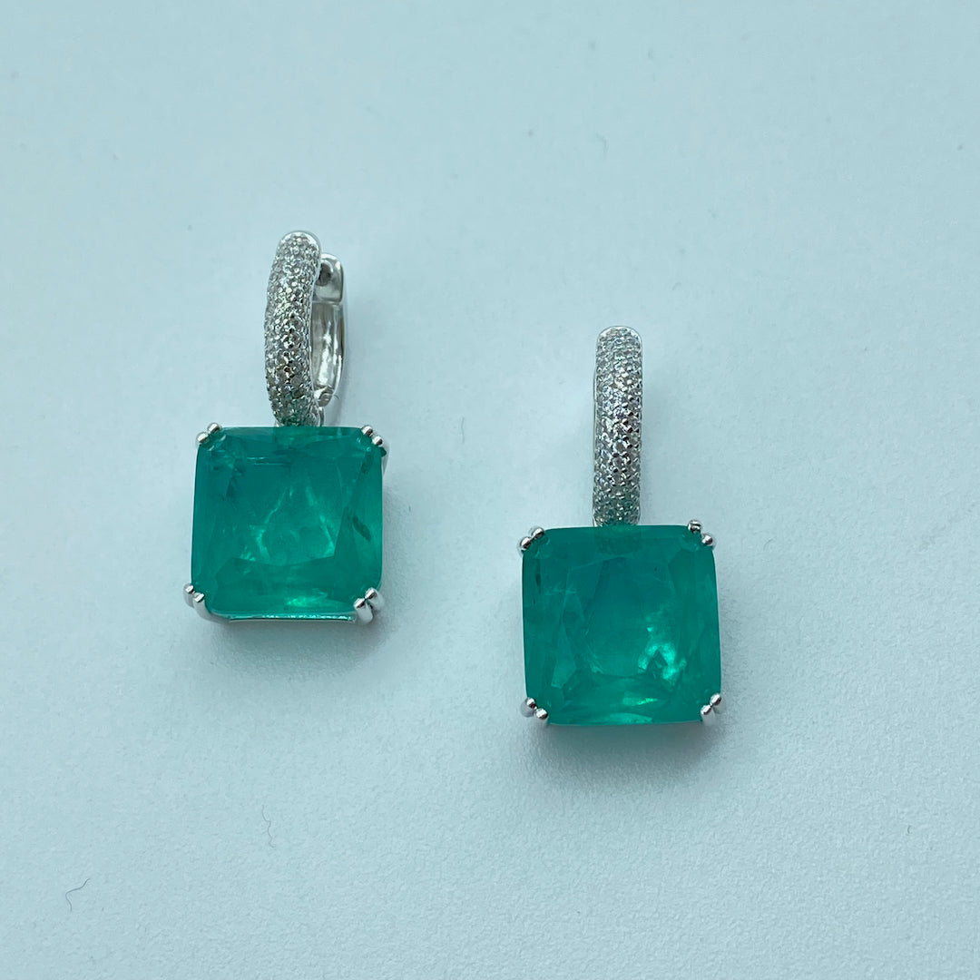Square Pave Emerald Latch On - Sterling Silver Emerald Earring