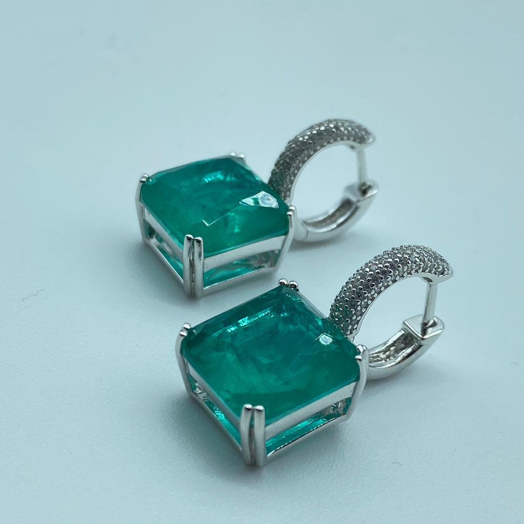 Square Pave Emerald Latch On - Sterling Silver Emerald Earring