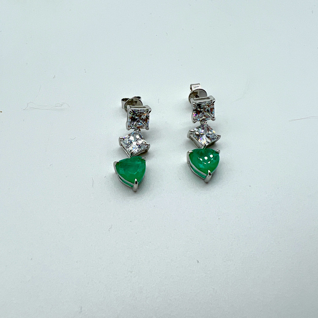 Small Emerald Heart Dangle Earring Push-Pin - Sterling Silver Emerald Earring
