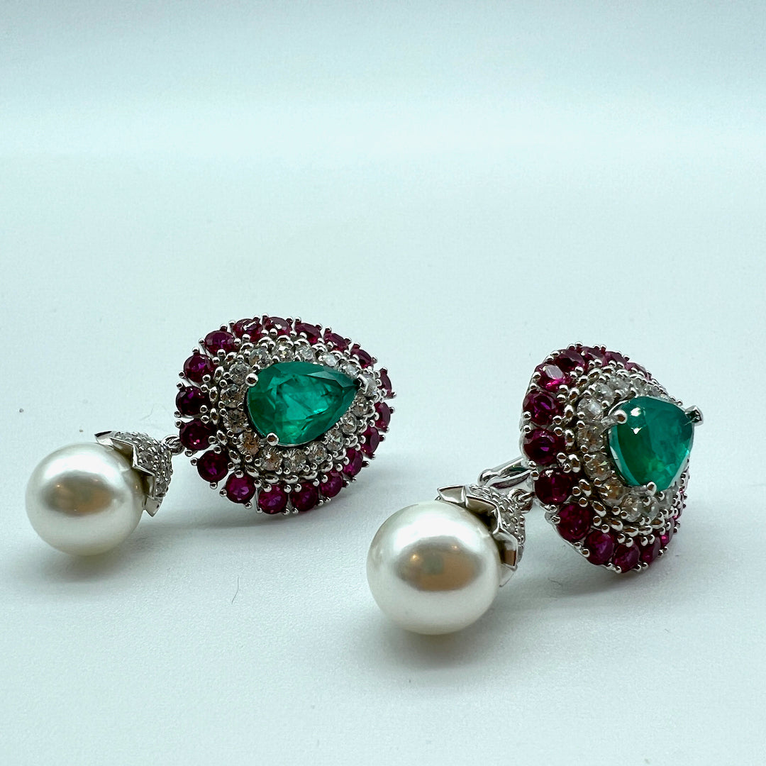 Pearl Emerald Ornate Pink Latch-on Earring - Sterling Silver Emerald Earring