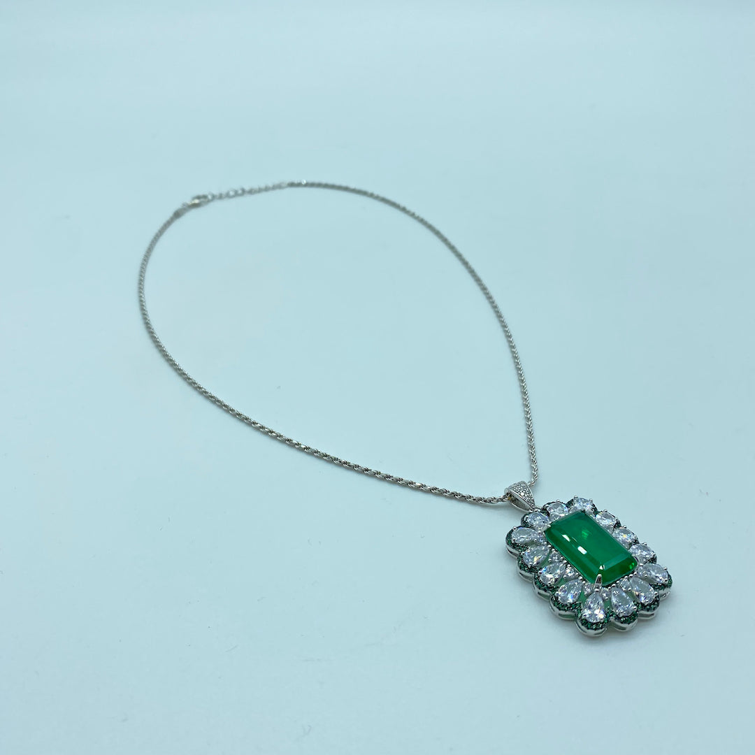Emerald Square Flower Necklace - Sterling Silver Synth Emerald