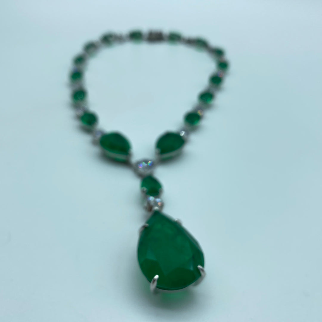 Emeralds & Swarovskis Necklace with Tear Shaped Finish Sterling - Silver Synth Emerald