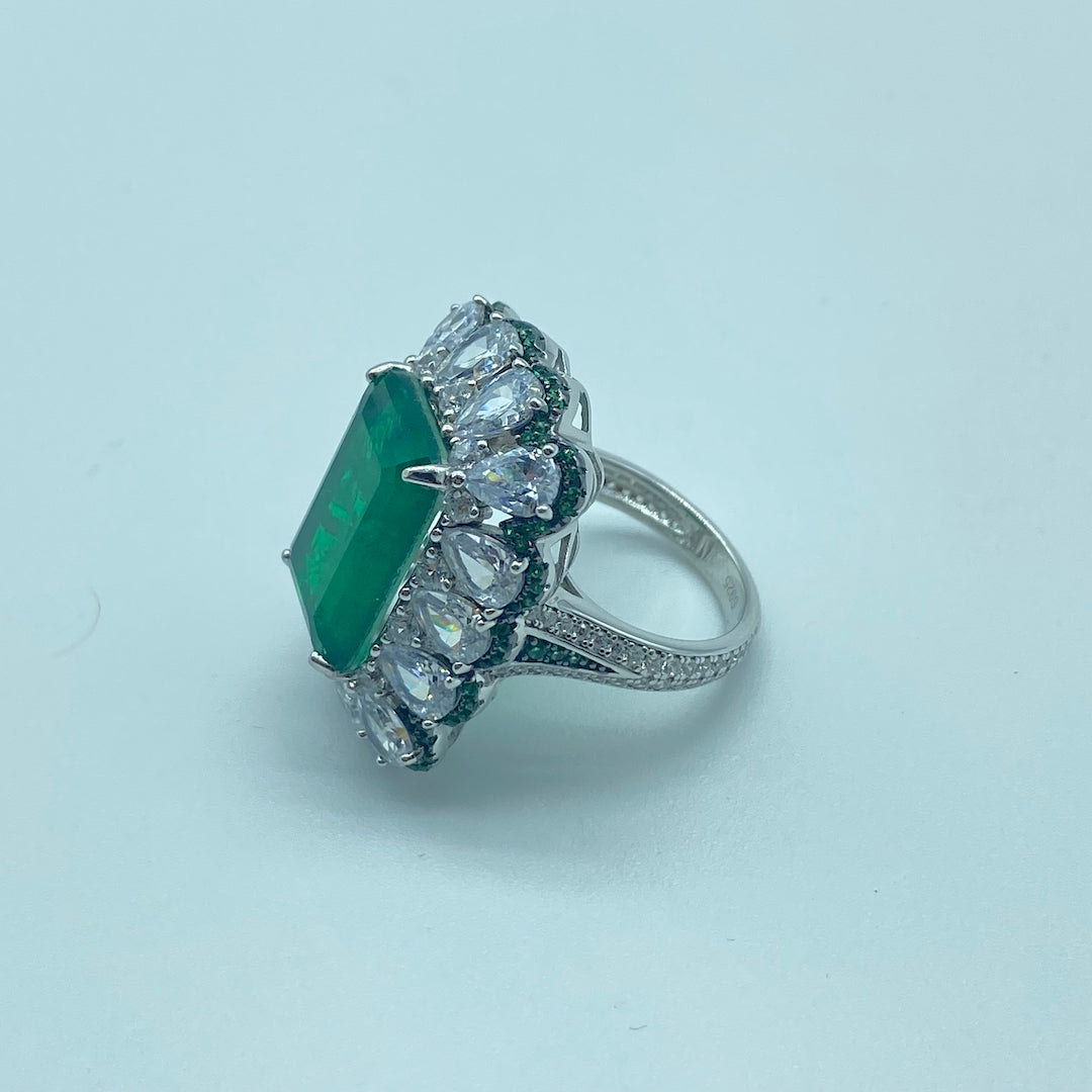 Emerald Rectangular Flower Ring Size 8 - Sterling Silver Emerald Ring