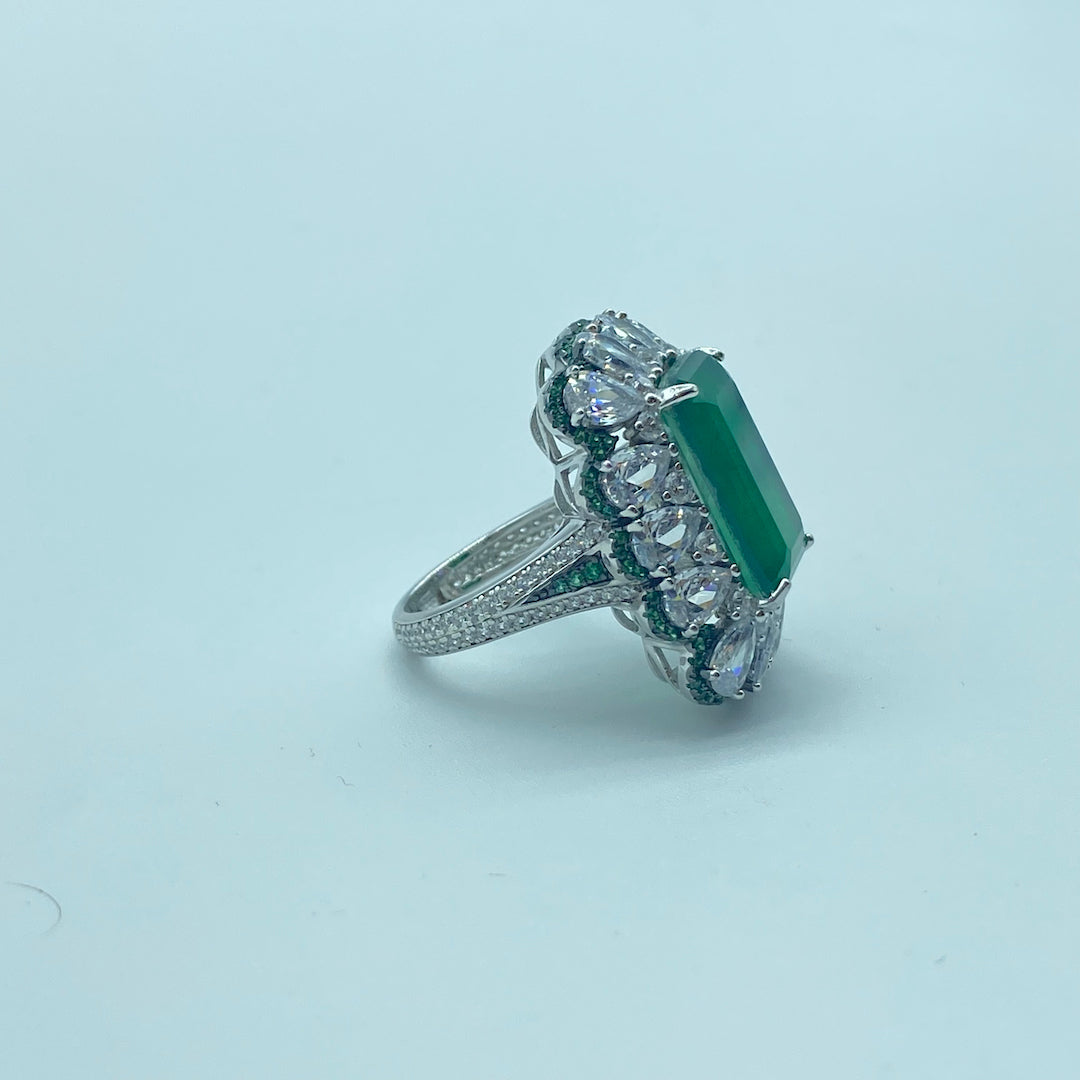 Emerald Rectangular Flower Ring Size 8 - Sterling Silver Emerald Ring