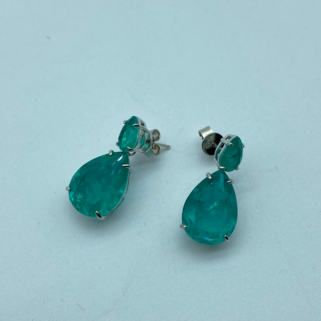 Small Tear Big Tear Push-Pin Earring - Sterling Silver Emerald Earring