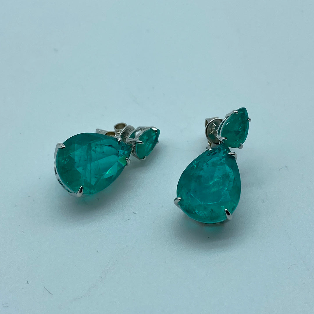 Small Tear Big Tear Push-Pin Earring - Sterling Silver Emerald Earring