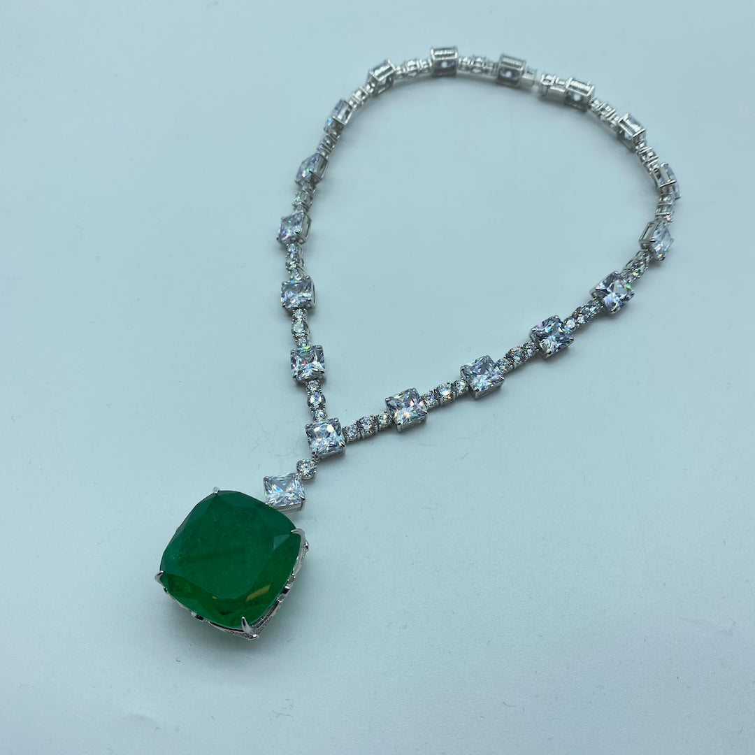 Chunky Emerald Necklace- Sterling Silver Synth Emerald