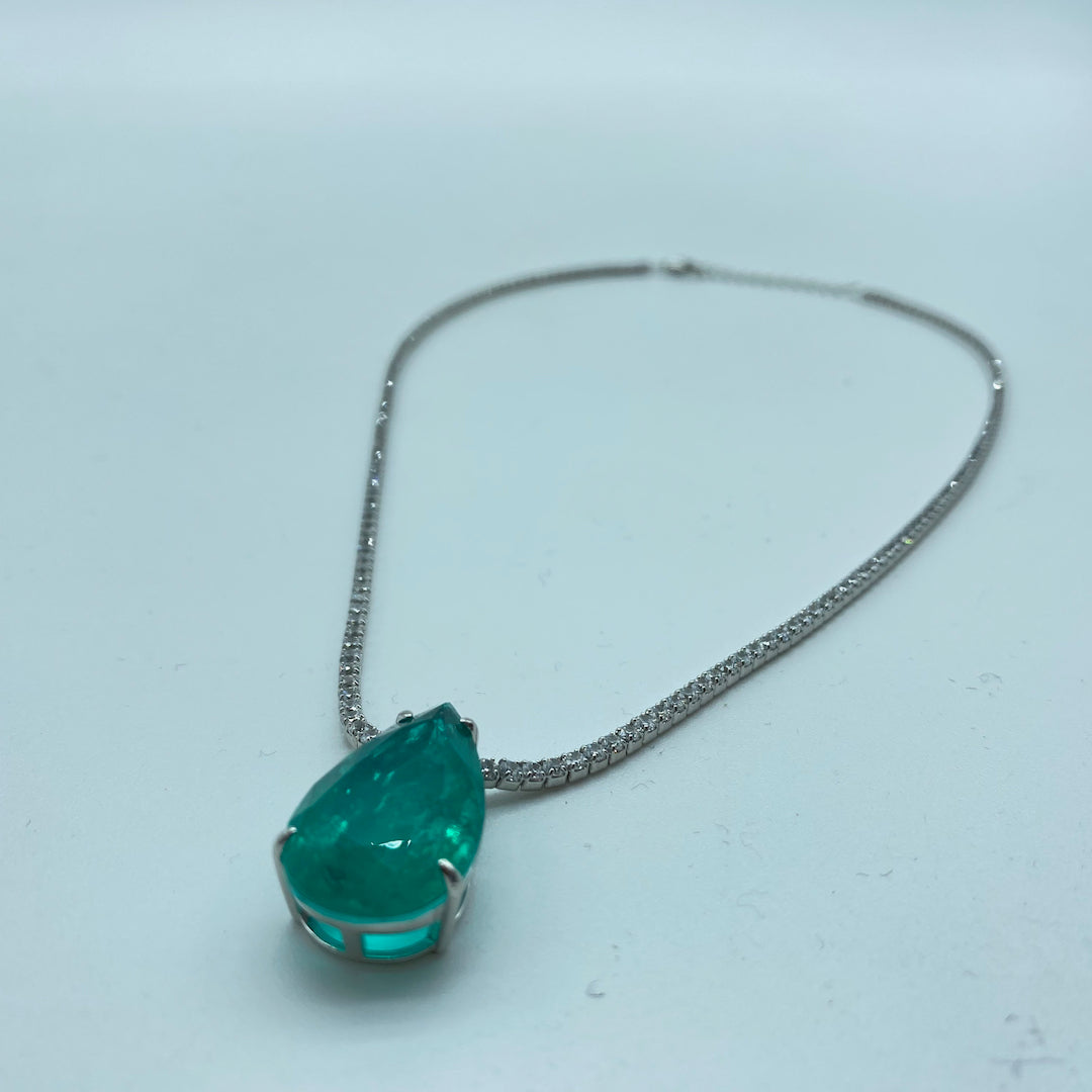 Emerald Tear Zirconia Chain Necklace - Sterling Silver Synth Emerald