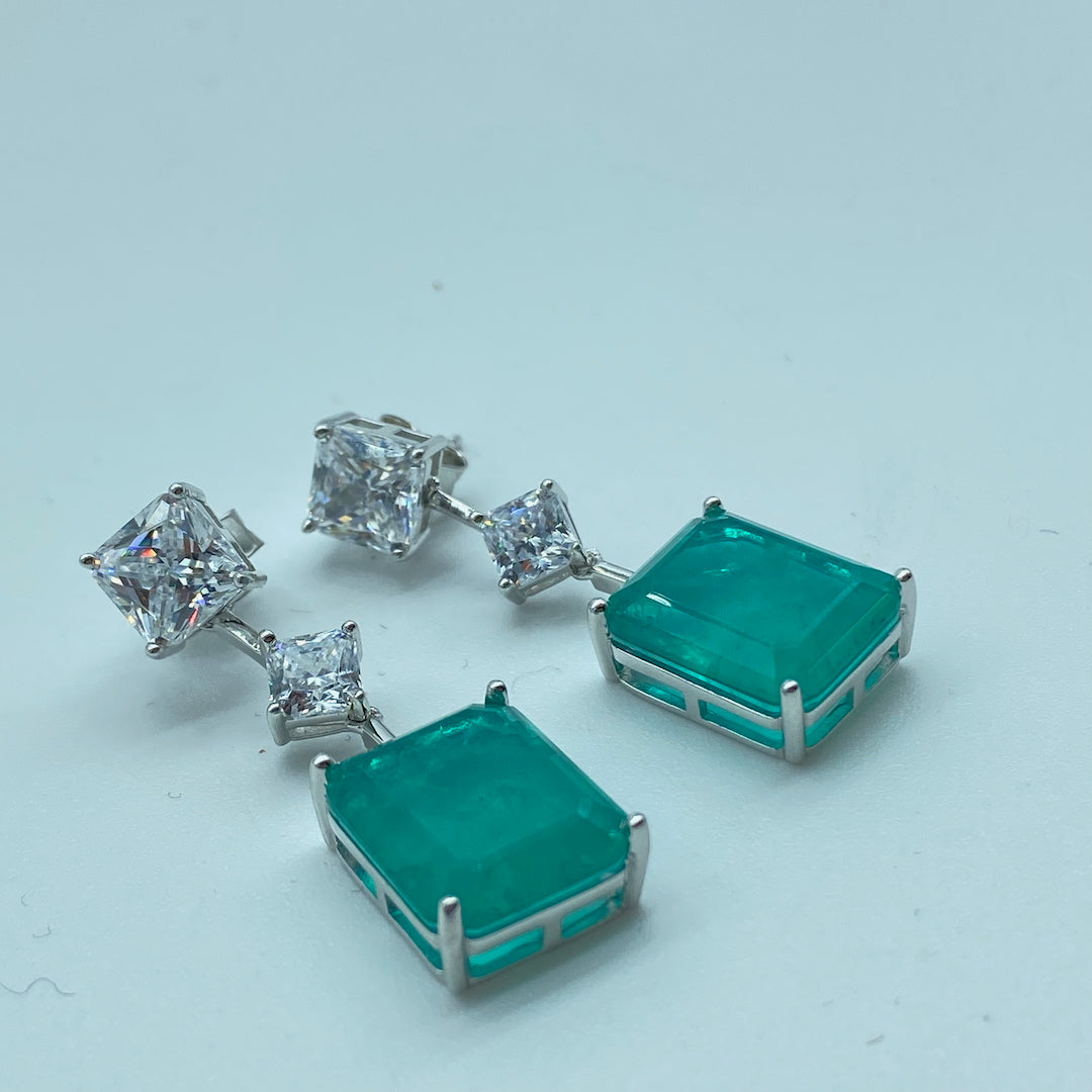 Square Metal Dangle Emerald Push-Pin Earring - Sterling Silver Emerald Earring