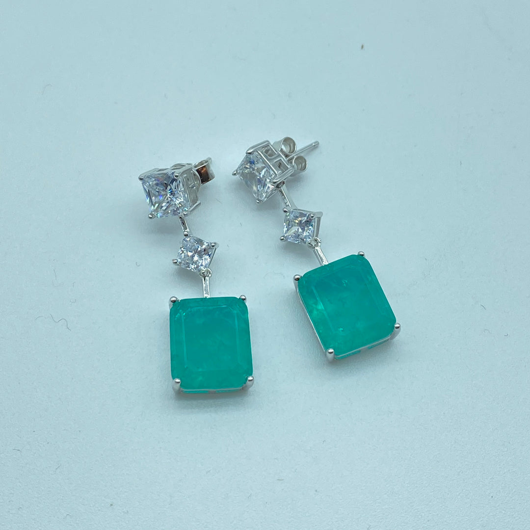 Square Metal Dangle Emerald Push-Pin Earring - Sterling Silver Emerald Earring