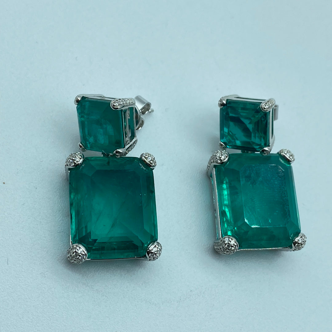 Pave Grab Square Emerald Push-Pin - Sterling Silver Emerald Earring