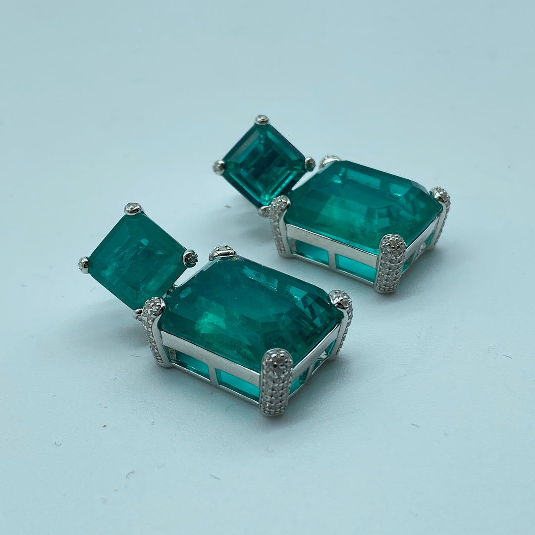 Pave Grab Square Emerald Push-Pin - Sterling Silver Emerald Earring