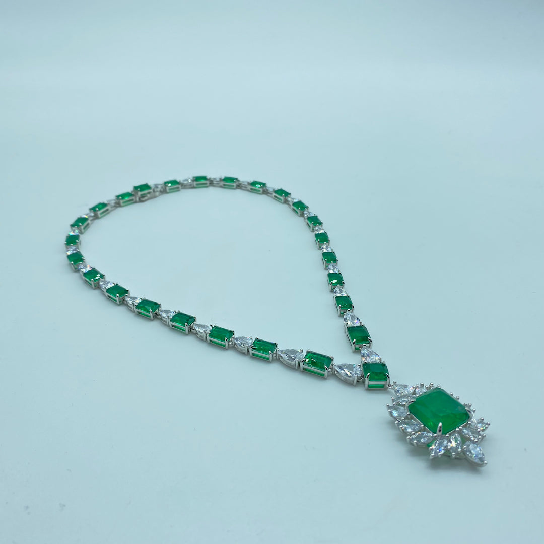 Emerald Medium Pave Necklace- Sterling Silver Synth Emerald