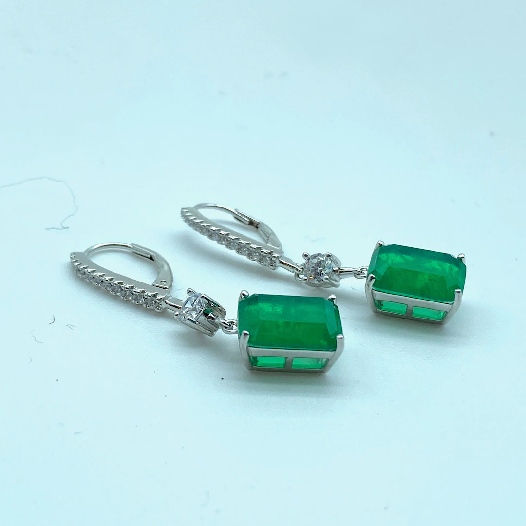 Simple Pave Square Emerald Latch On Earring- Sterling Silver Emerald Earring