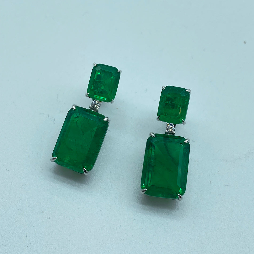 Double Rectangle Emerald Push Pin Earring - Sterling Silver Emerald Earring
