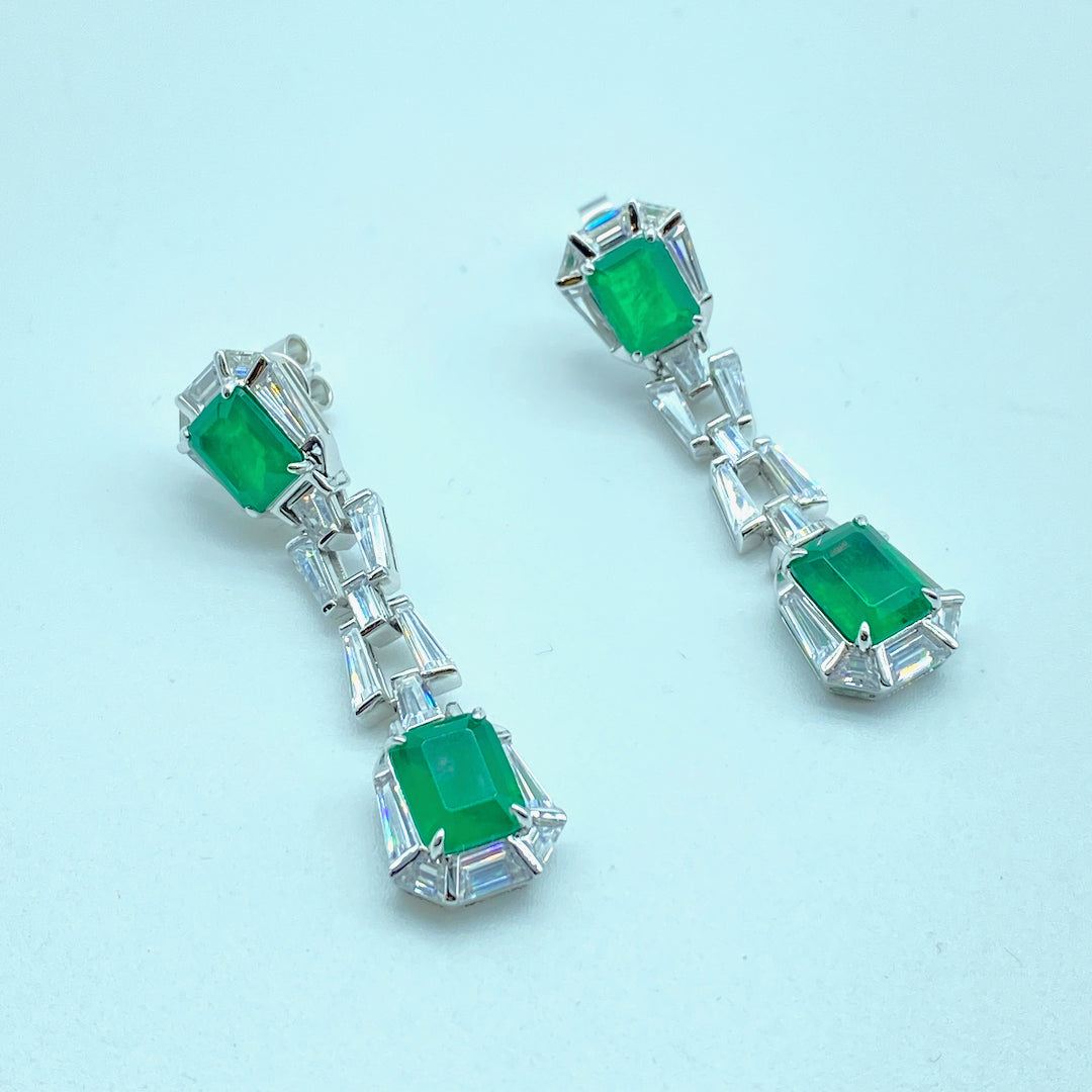 Dangle Emerald Symmetry Push-Pin Earring - Sterling Silver Emerald Earring