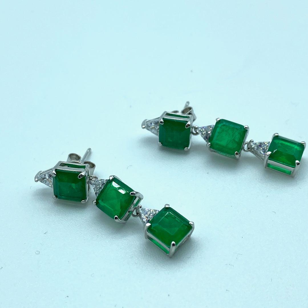 Three Squares Emerald Dangle Push-Pin Earring - Sterling Silver Emerald Earring