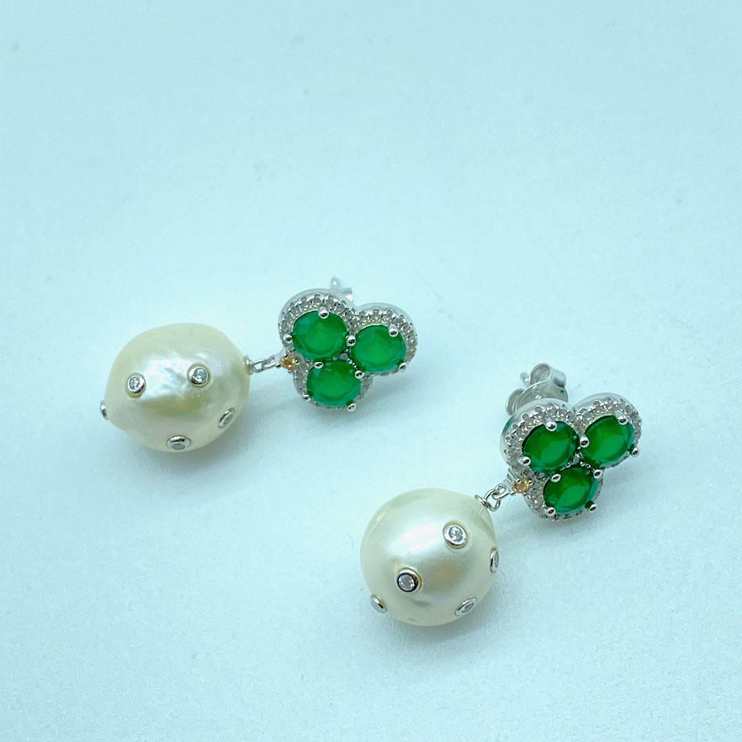 White Pearl Emerald Push-Pin Earring - Sterling Silver Emerald Earring