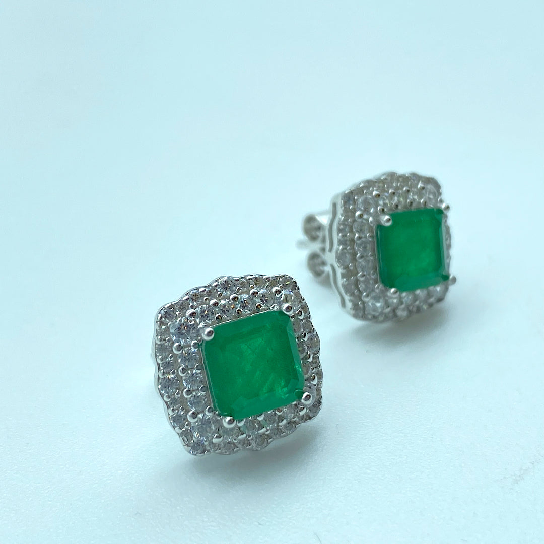 Push Pin Pave Square Emerald Earring - Sterling Silver Emerald Earring
