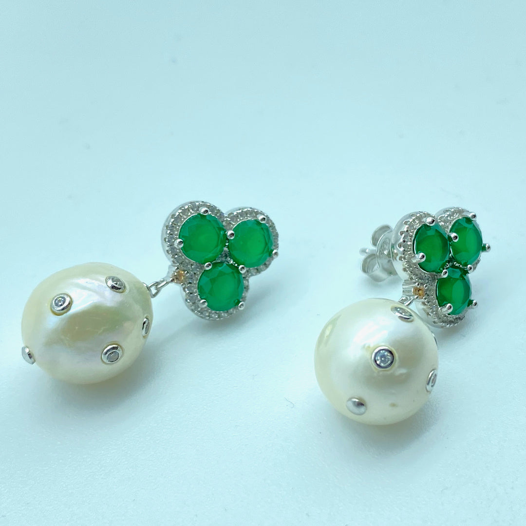 White Pearl Emerald Push-Pin Earring - Sterling Silver Emerald Earring