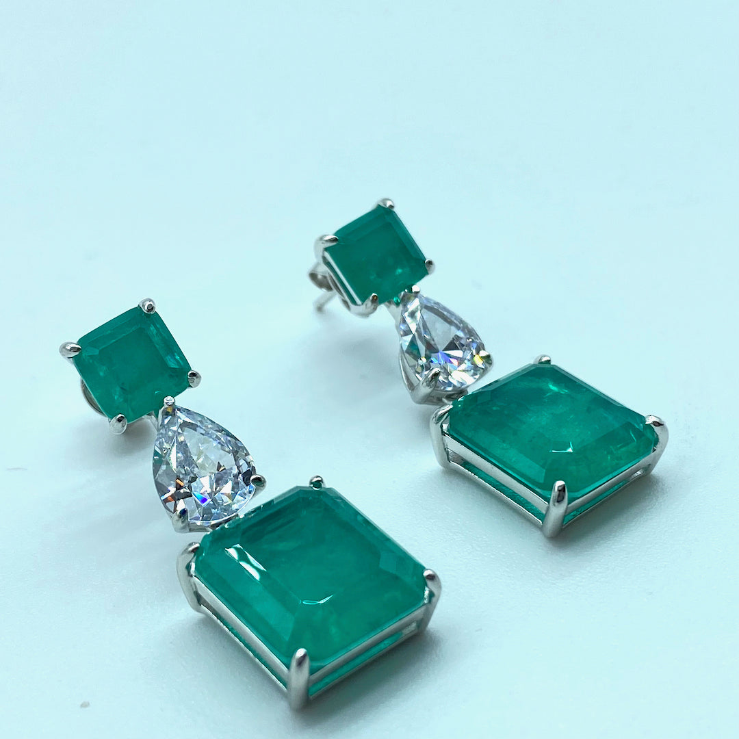 Two Squares Tear Crystal Emerald Push-Pin - Sterling Silver Emerald Earring