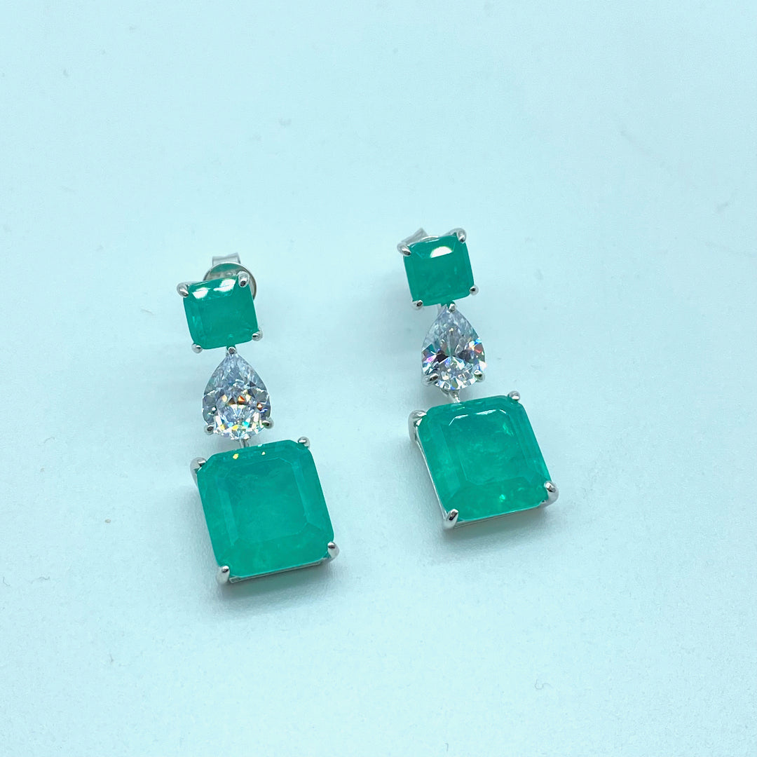 Two Squares Tear Crystal Emerald Push-Pin - Sterling Silver Emerald Earring