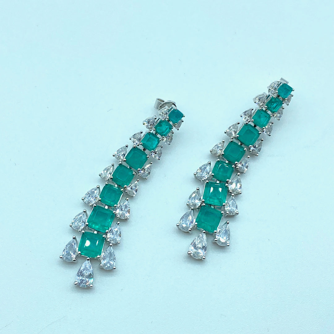Dangle Push-Pin Elegance Square Drops - Sterling Silver Emerald Earring