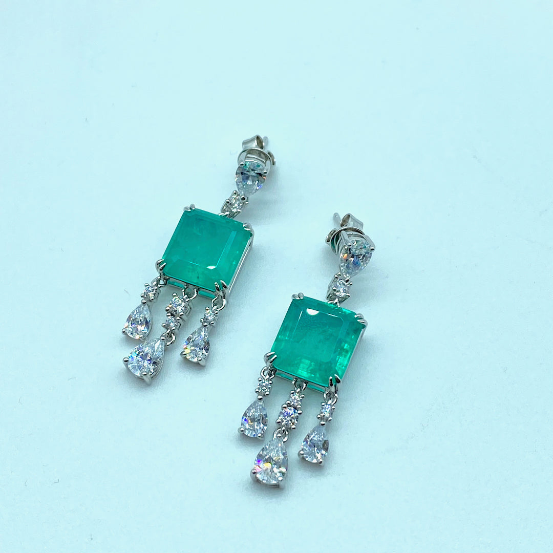 Square Triple Dangle Emerald Push-Pin Earring - Sterling Silver Emerald Earring