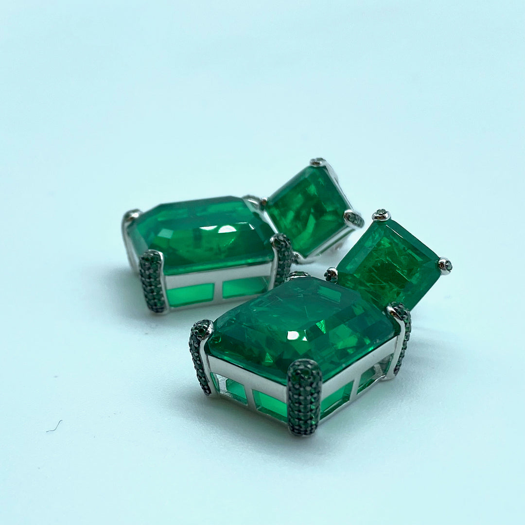 Green Pave Grab Square Emerald Push-Pin - Sterling Silver Emerald Earring