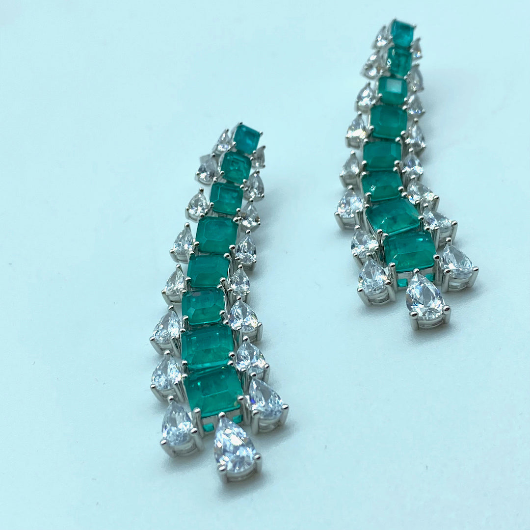 Dangle Push-Pin Elegance Square Drops - Sterling Silver Emerald Earring