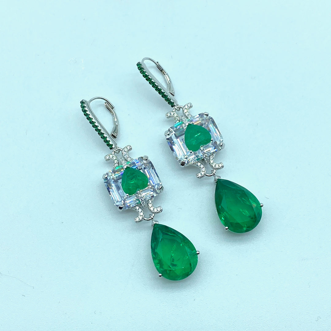 Reversed Heart Tear Drop Emerald Earring Latch-On - Sterling Silver Emerald Earring