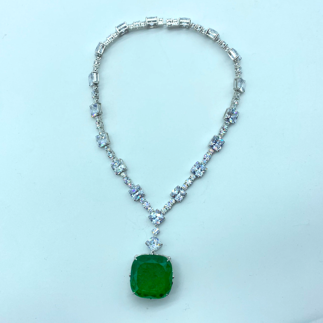 Chunky Emerald Necklace- Sterling Silver Synth Emerald