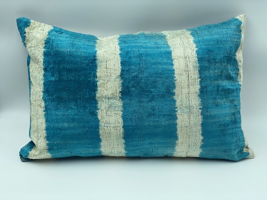 Velvet Double IKAT Silk Back Cushion (60*40) CM - Blue Stripes