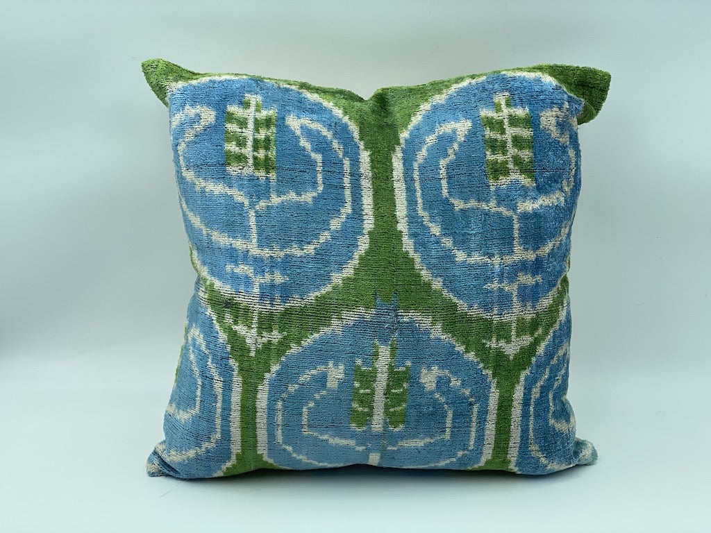 Velvet Cotton & Silk IKAT Cotton Back Single Cushion Cover -Green Blue