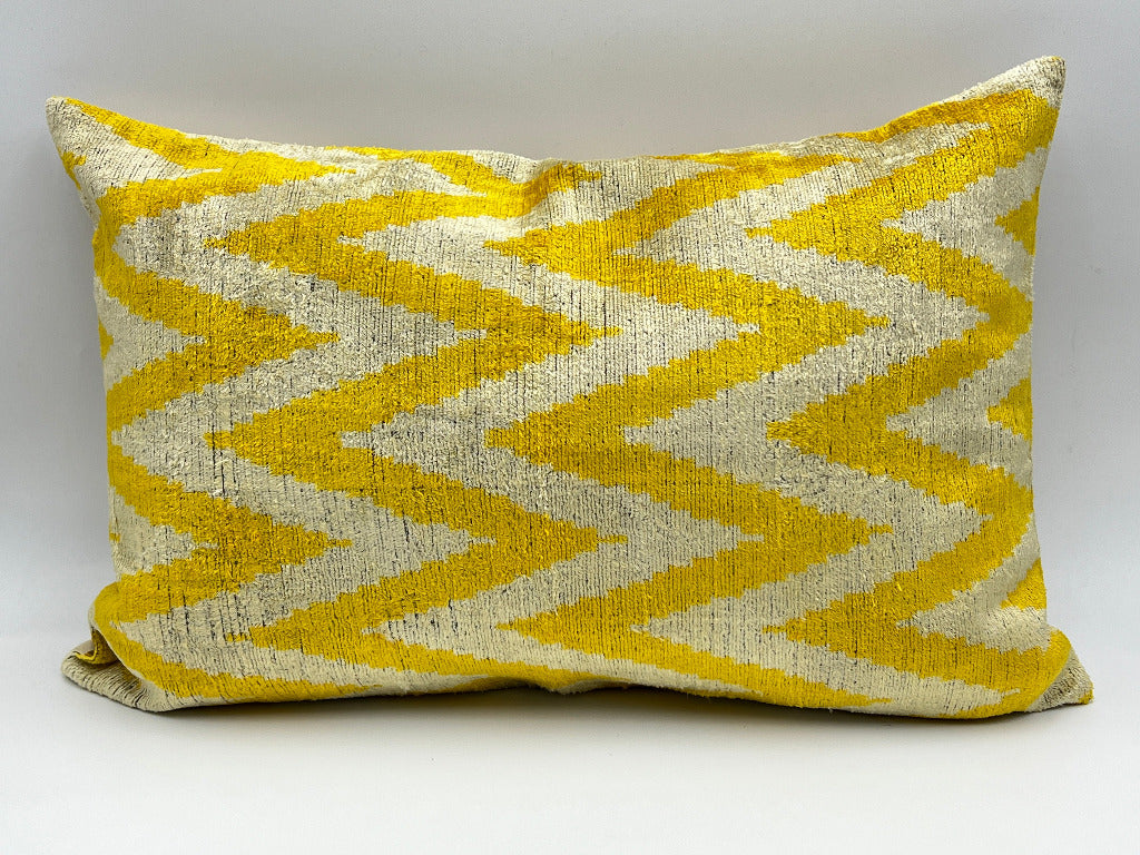 Velvet Double IKAT Silk Back Cushion (60*40) CM - Zig Zag Yellow