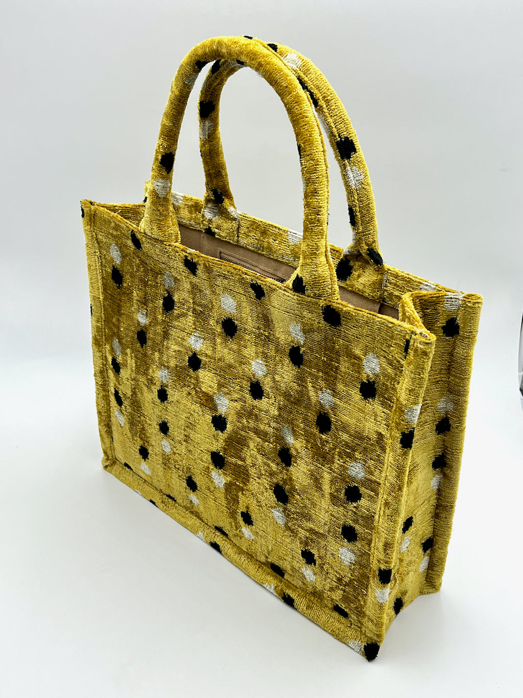 Velvet Silk IKAT Large Handbag - Dotted Mustard D34