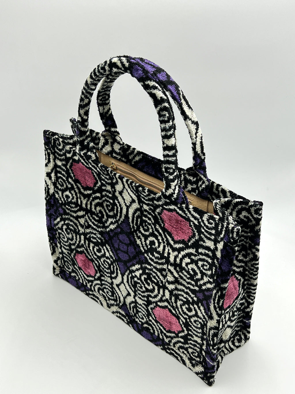 Velvet Silk IKAT Large Handbag - Purple Pink Ripples D27
