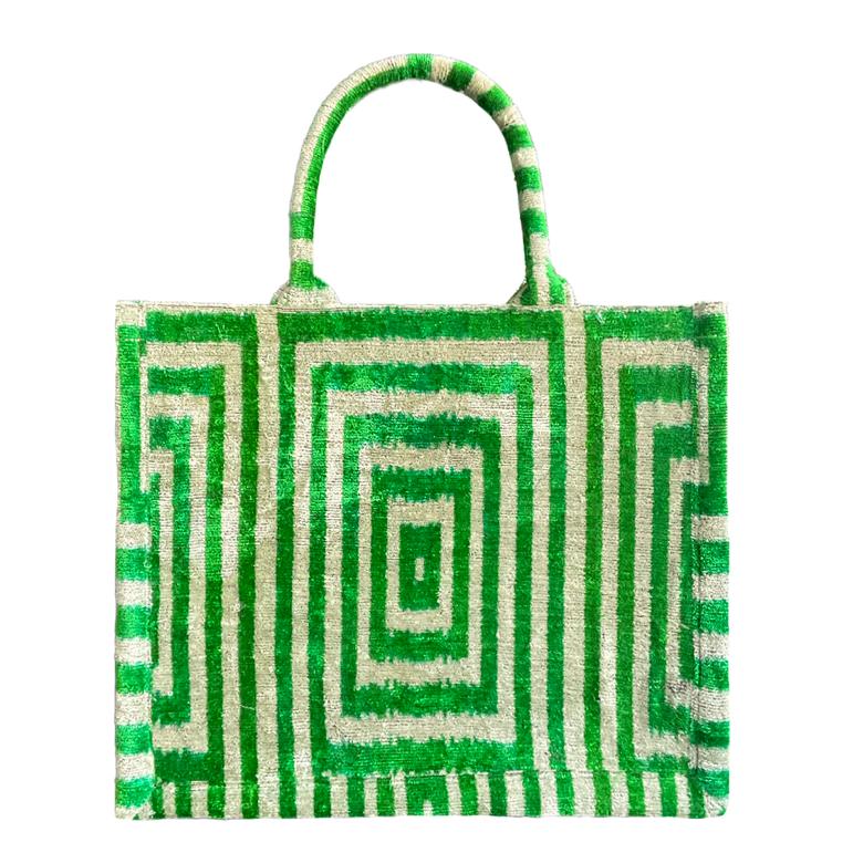 Velvet Silk IKAT Large Handbag - Green Dimension D46